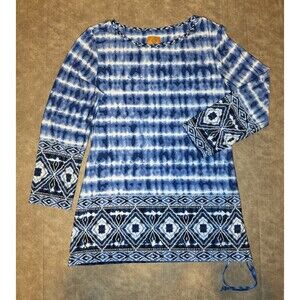 Ruby Rd 3/4 Sleeve Tie Sleeve Tie Dye Top  Blue Stretch Size SMALL Tribal Design